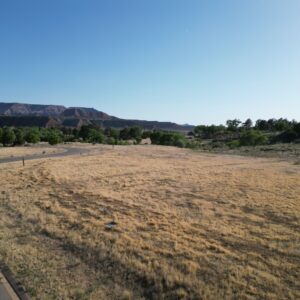 Dry field with distant mountains and clear blue sky.